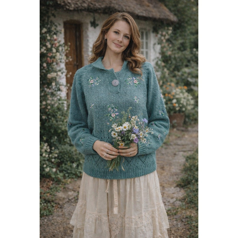 Cottagecore Prairie Y2K Farm Soft Sage Green Embroidered‎ Flowers S Knit Sweater